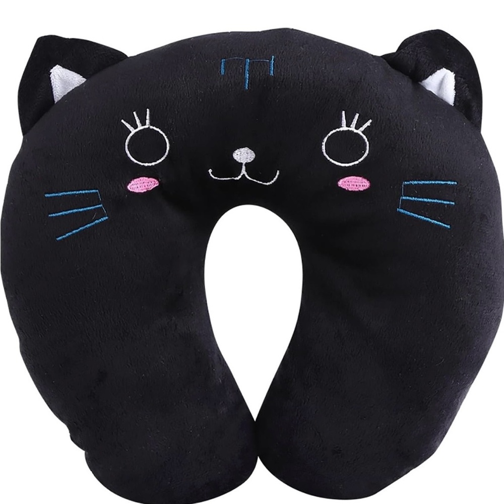 Black Cat Plush Travel Neck Pillow with Pink Cheeks